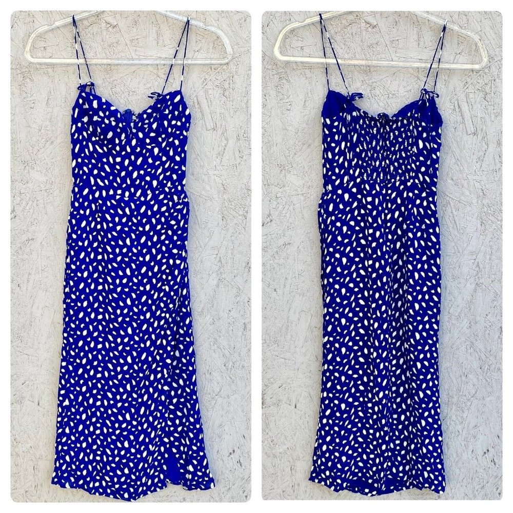Reformation Kourtney Moray Dot Tie Shoulder Sweetheart Midi Slip Dress Sz 4 Blue